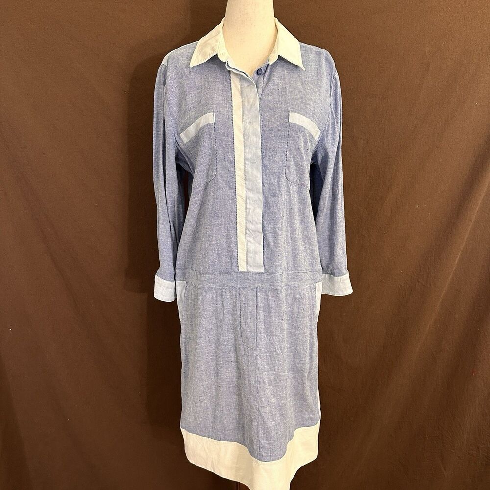 Carlisle Collection Shirtdress Dress Size 10 Popover Blue White Linen